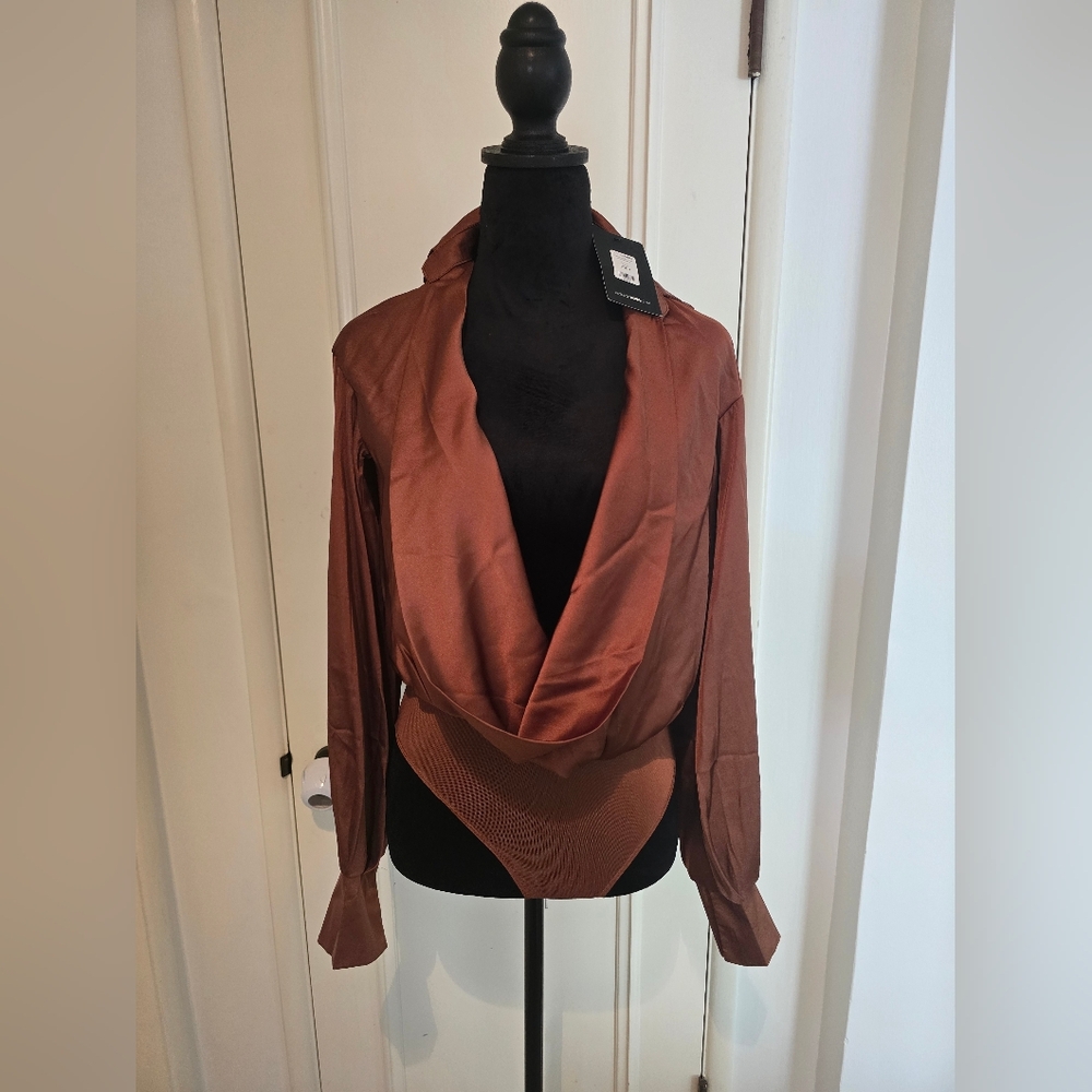 Fashion NOVA Sleek Brown Satin Shirt